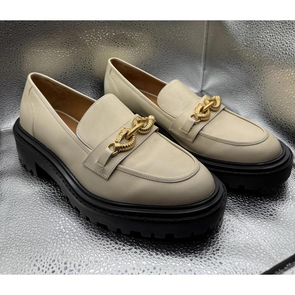 TORY BURCH JESSA LOAFER LUG SOLE NEW CREAM LEATHER EQUESTRIAN HARDWARE SZ 10.5